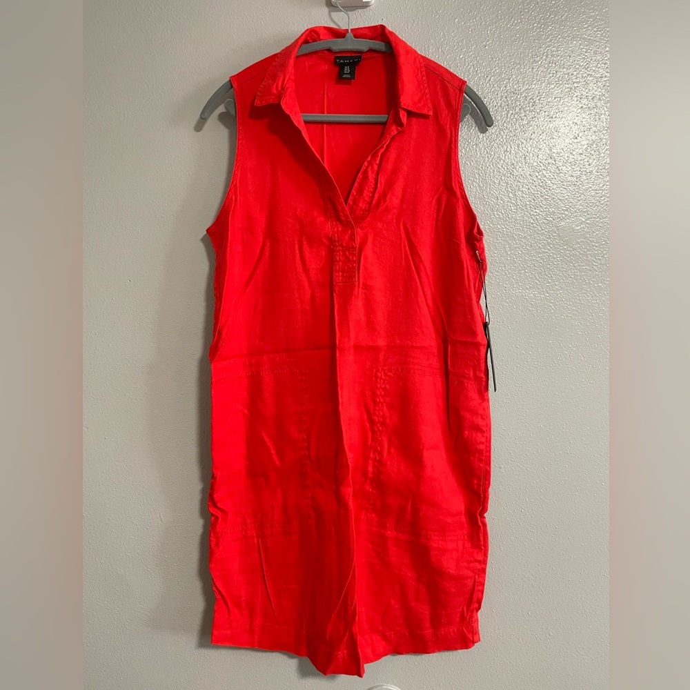 🆕WT TAHARI LINEN SLEEVELESS DRESS SIZE 8 COLOR ORANGE/TANGERINE